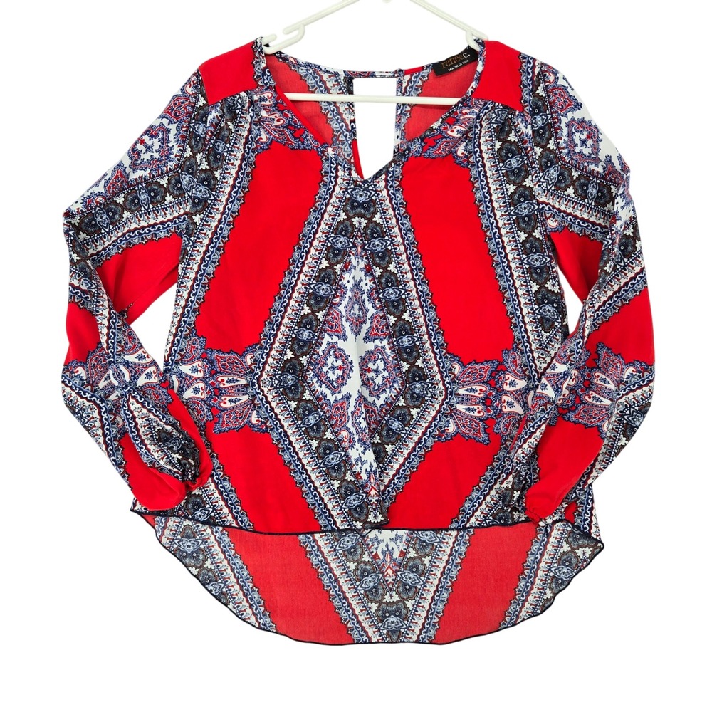 Renee C XS Paisley High Low Blouse Womens Boho Medallion Red‎ Patriotic